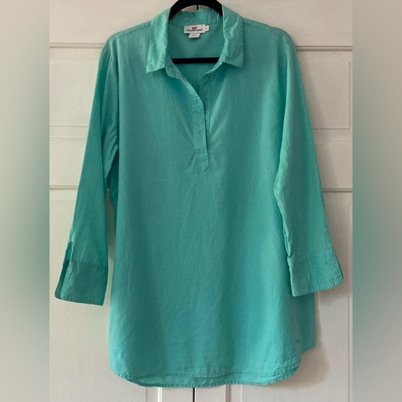 Vineyard Vines Seafoam‎ Green Linen Blend Popover Tunic Top Shirt Sz Large - Picture 1 of 6